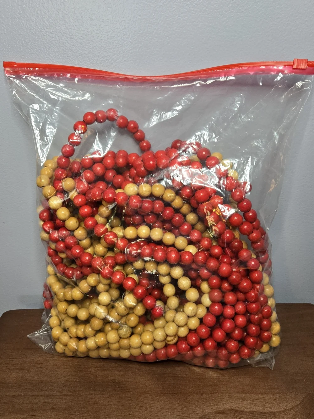 Red and Natural Wooden Bead Garland Set, Six 9 Foot Strands